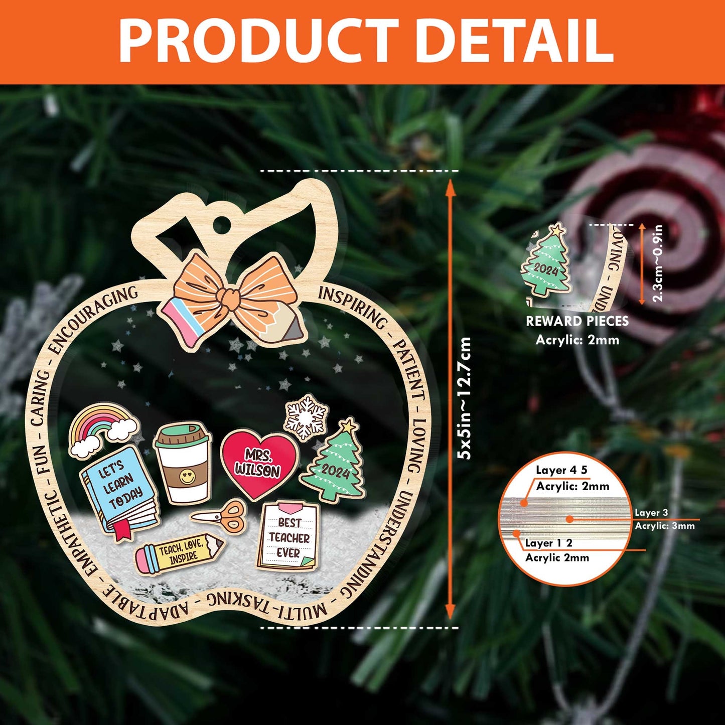 Personalized Christmas Teacher Shaker Ornament 5 Layered, School Teacher Gift Christmas Ornament Thank You Gift, Teacher Appreciation Gifts