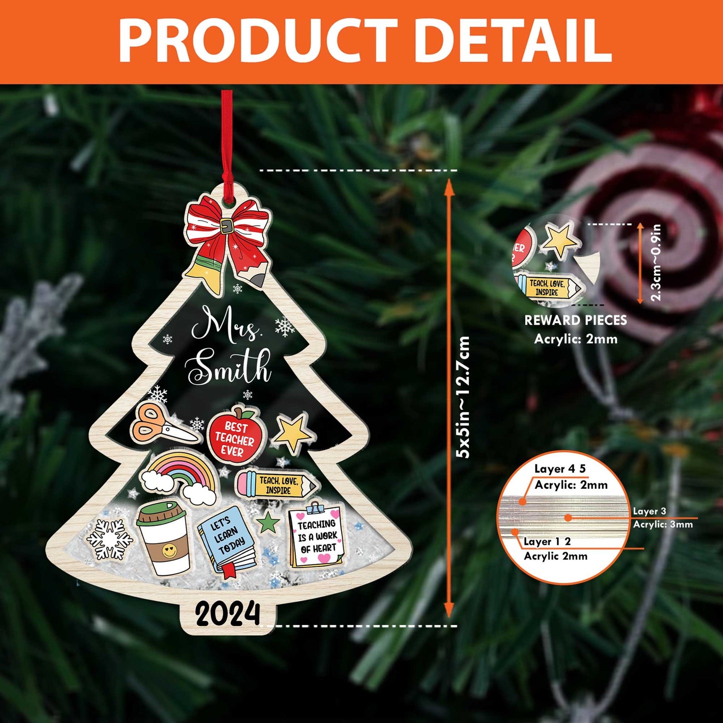 Charming Christmas tree ornament featuring playful school-themed decorations and personalized with Mrs. Smith’s name. The shakeable snow and the year 2024 add a magical touch, perfect for holiday celebrations.