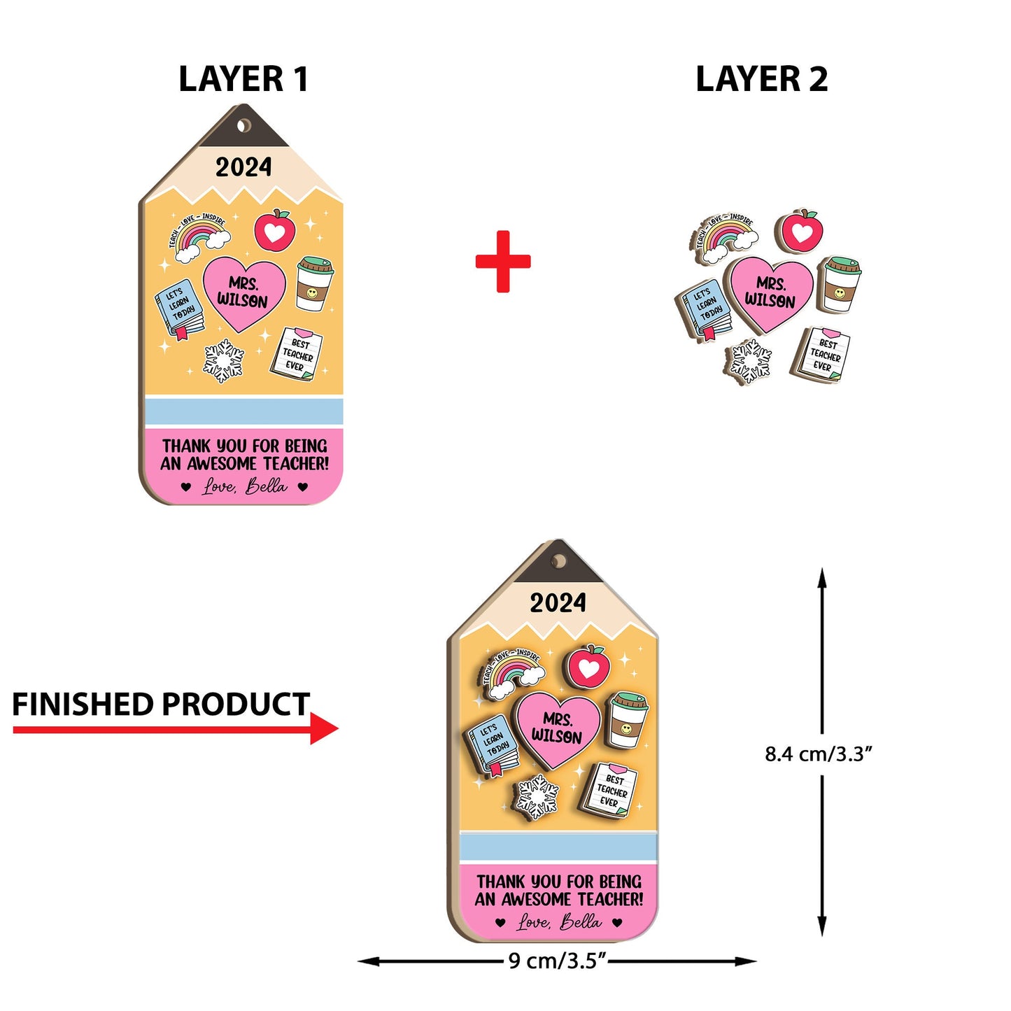 Playful and festive ornament featuring Mrs. Wilson’s name and cute holiday-themed icons, along with a personalized message from Love, Bella. This tag-shaped ornament is a fun and thoughtful gift for the 2024 holiday season.