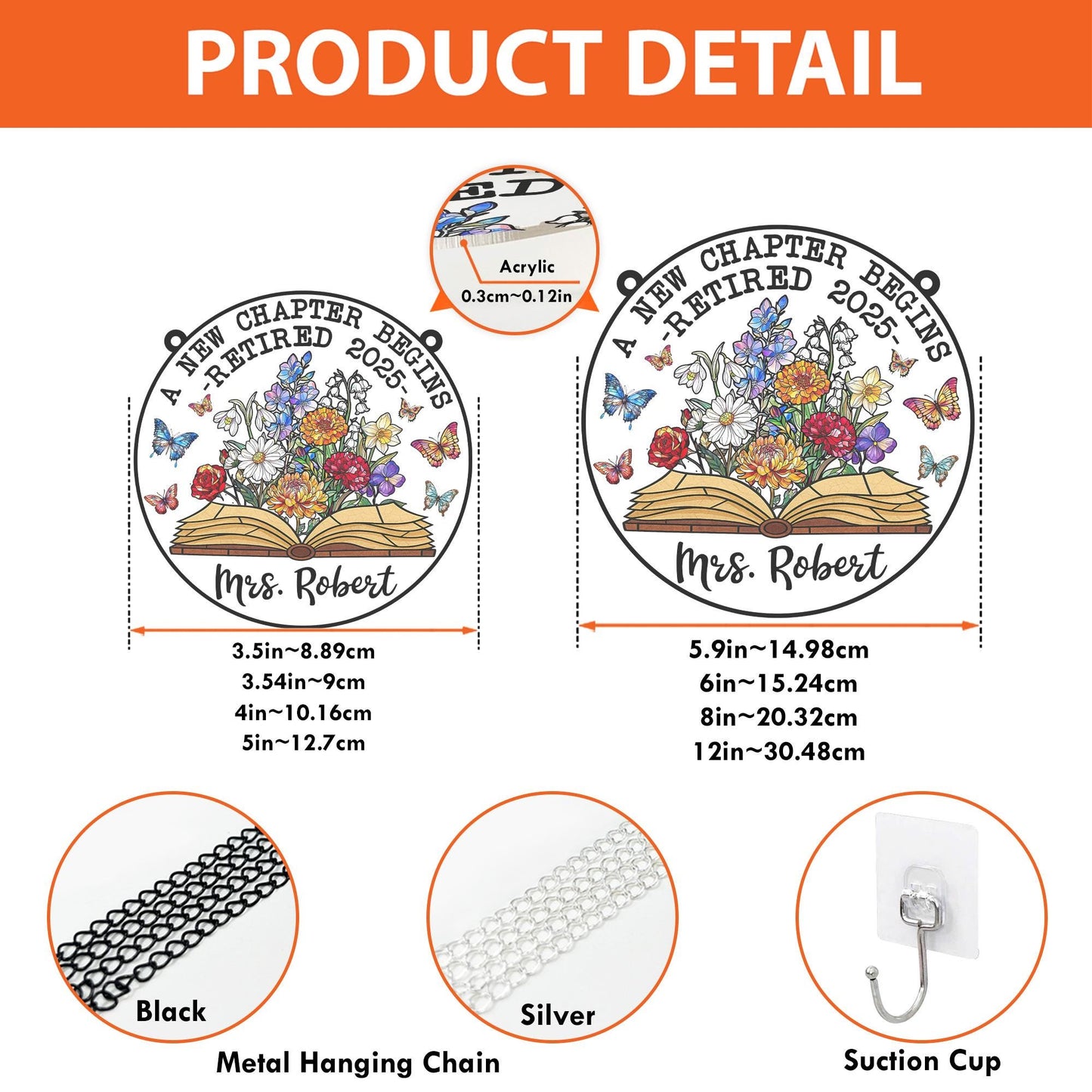 Personalized Retirement Suncatcher ACRYLIC Window Hanging, Floral Book A New Chapter Begins Retired Teacher Gift, Floral Teacher Gift