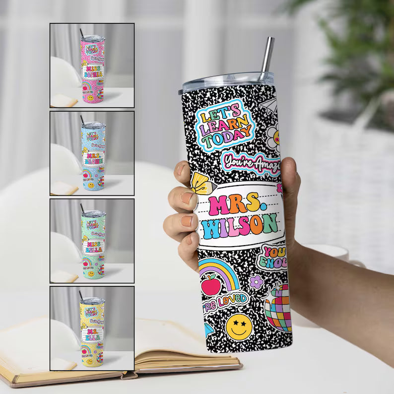 Personalized Teacher Name Skinny Tumbler, Teacher Gifts, Back To School Gift, Teacher Appreciation Gift, Composition Book, Teacher Life Gift