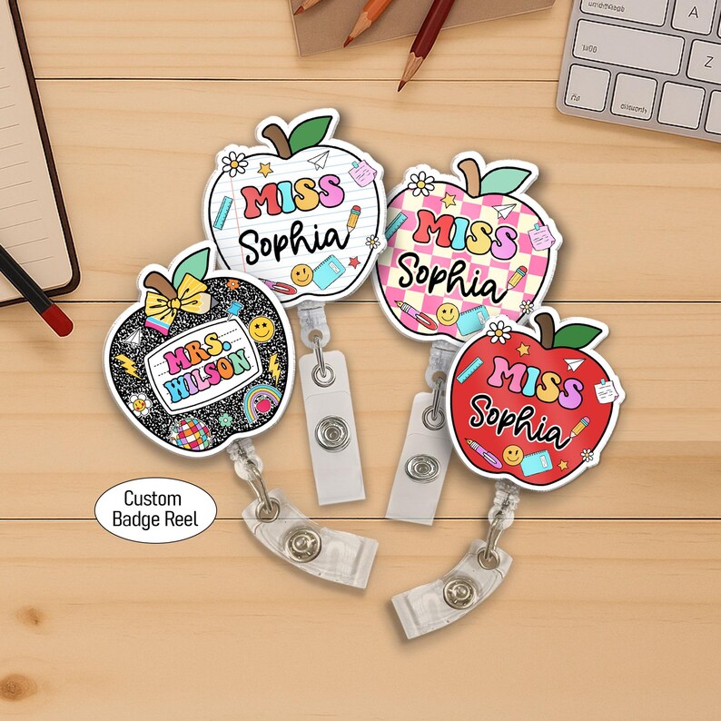 Personalized Teacher Badge Reel, Custom ID Holder Apple Badge Reel, Retractable Badge Reel, Teacher Appreciation Gift, Back to School Gift