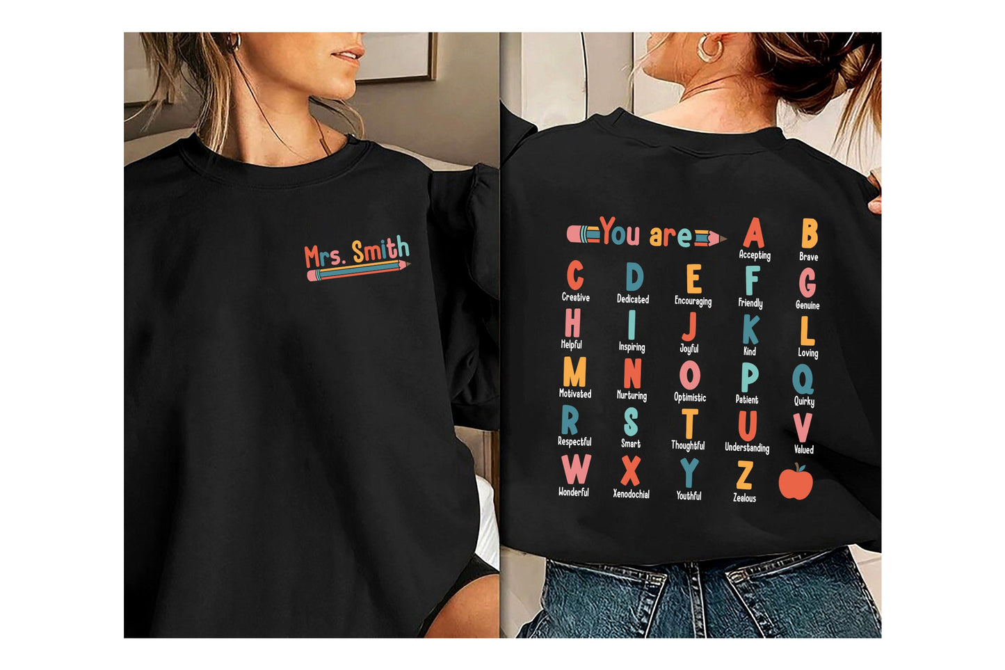 Teacher Shirt, ABC Affirmation Shirt, Alphabet Shirt, Back To School, Custom Teacher Shirt, Kindergarten Teacher, Teacher Appreciation Gift