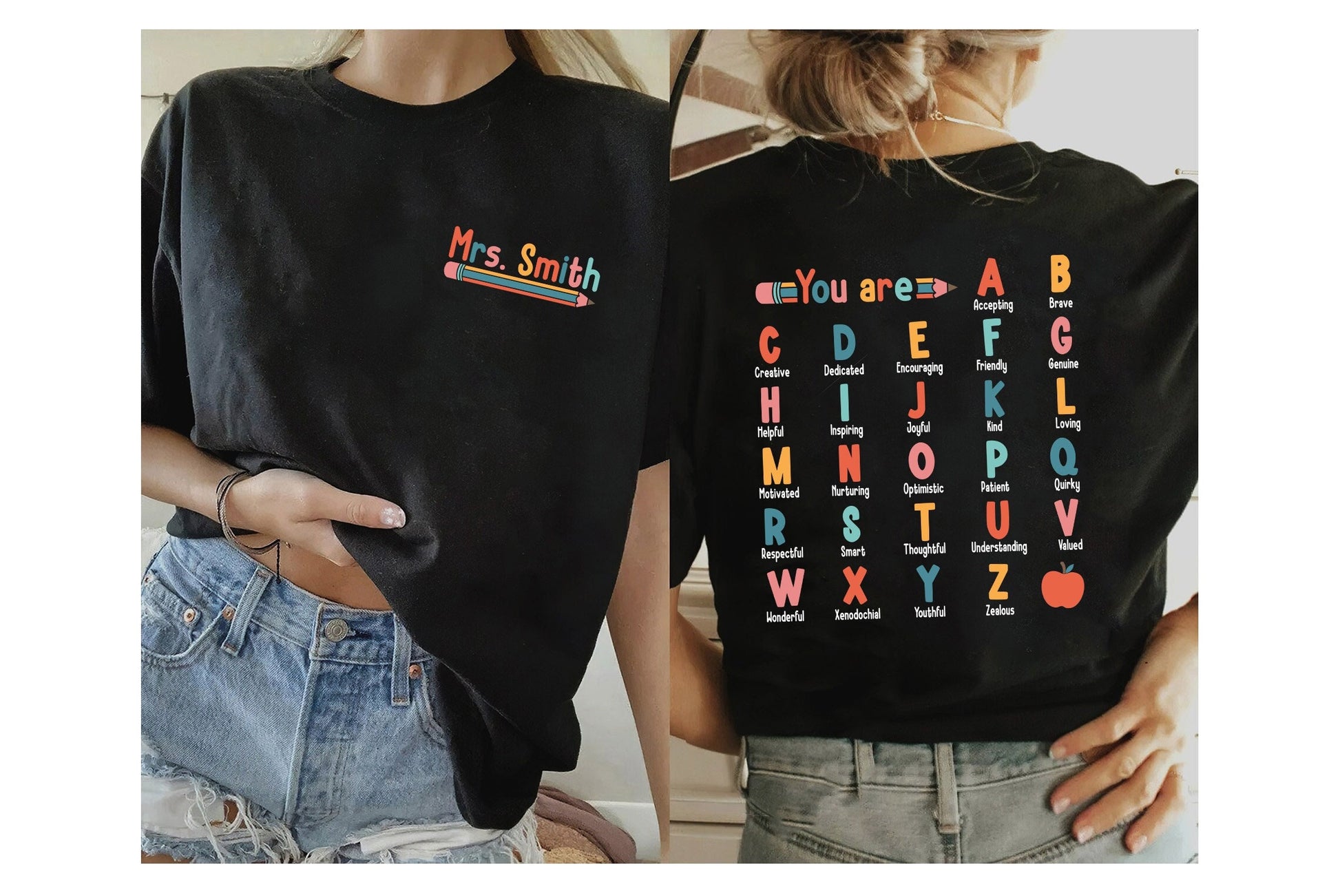 Teacher Shirt, ABC Affirmation Shirt, Alphabet Shirt, Back To School, Custom Teacher Shirt, Kindergarten Teacher, Teacher Appreciation Gift