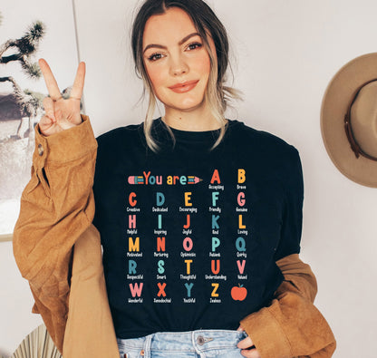 Teacher Shirt, ABC Affirmation Shirt, Alphabet Shirt, Back To School, Custom Teacher Shirt, Kindergarten Teacher, Teacher Appreciation Gift