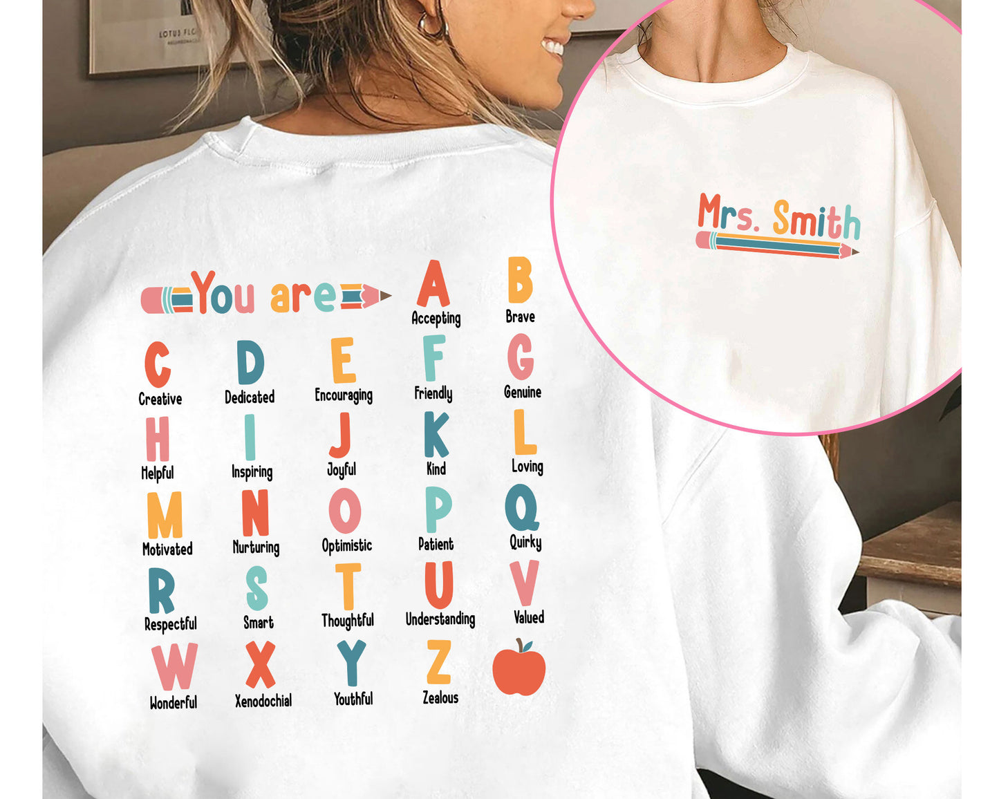 Teacher Shirt, ABC Affirmation Shirt, Alphabet Shirt, Back To School, Custom Teacher Shirt, Kindergarten Teacher, Teacher Appreciation Gift