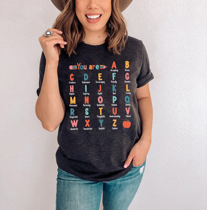Teacher Shirt, ABC Affirmation Shirt, Alphabet Shirt, Back To School, Custom Teacher Shirt, Kindergarten Teacher, Teacher Appreciation Gift