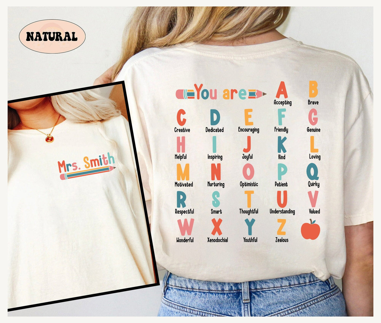 Teacher Shirt, ABC Affirmation Shirt, Alphabet Shirt, Back To School, Custom Teacher Shirt, Kindergarten Teacher, Teacher Appreciation Gift