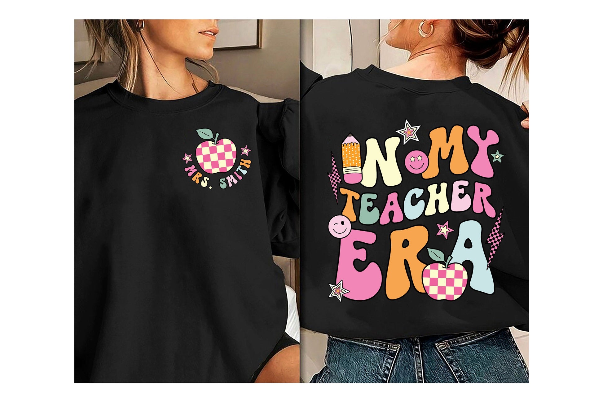 A vibrant homage to educators, with the statement IN MY TEACHER ERA showcased in a variety of candy-colored hues, and whimsical graphics including a gingham-patterned apple and a grinning face.