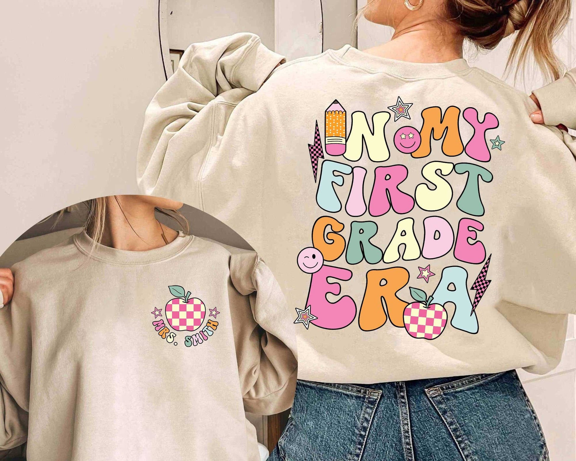 A cheerful design showcasing the words In my first grade era in bright bold letters The design is decorated with cute elements such as a pencil apple stars and smiley faces for a joyful and upbeat feel