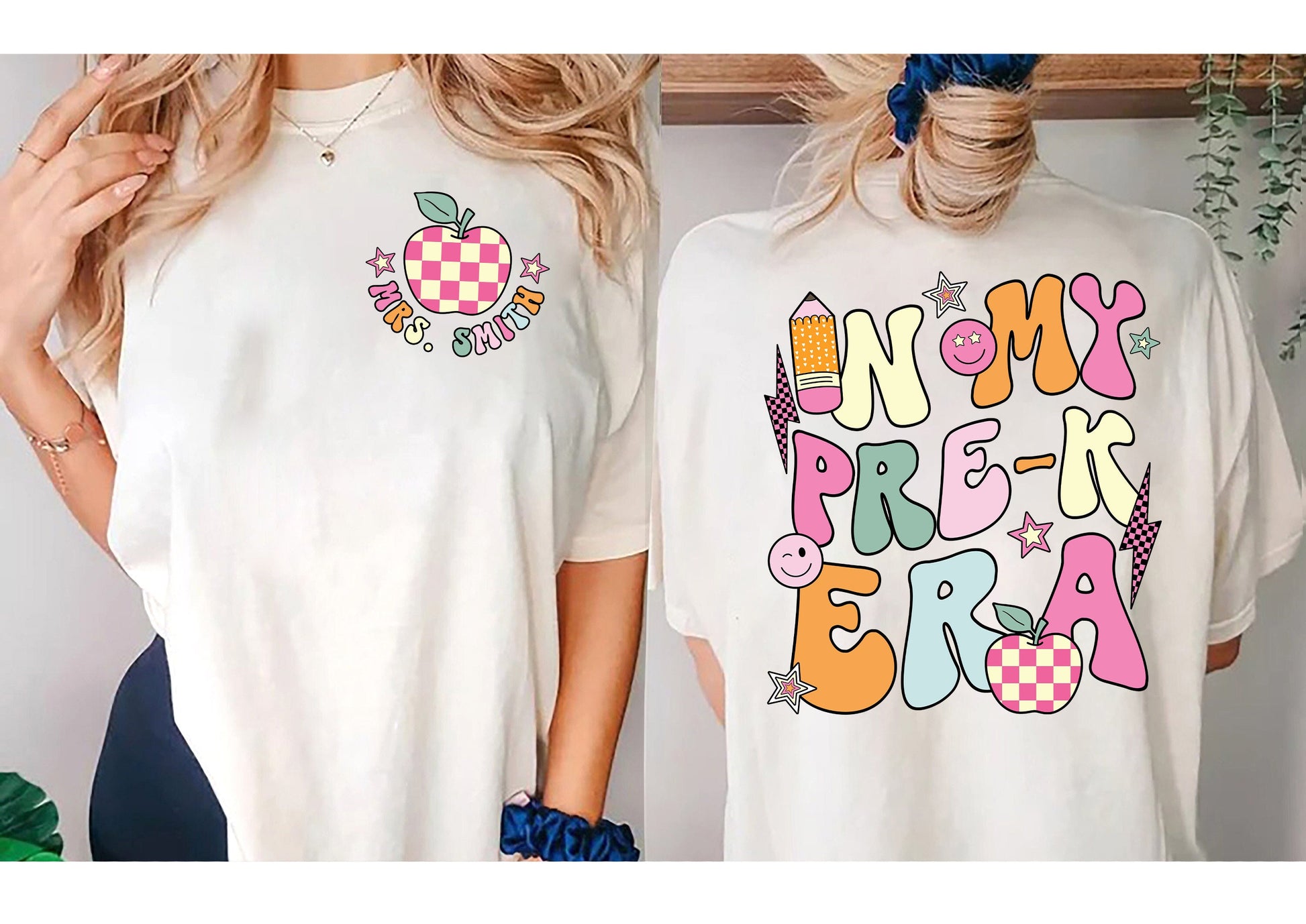 Honoring the creativity and nurturing spirit of pre-k teachers, the graphic presents IN MY PREK TEACHER ERA in a fun, eclectic font, interspersed with child-friendly motifs like a grinning palette, a colorful apple, and a large