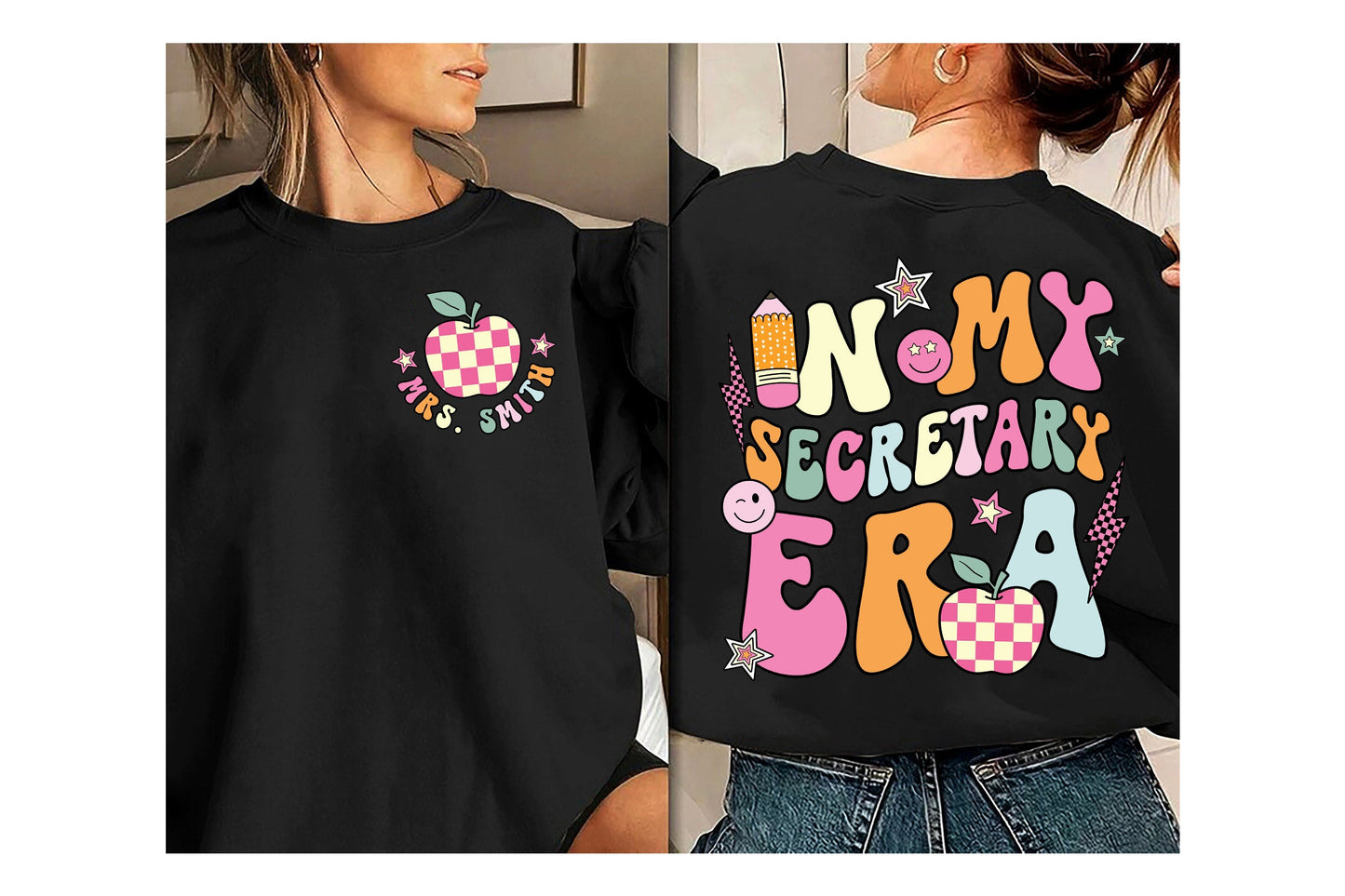 A cheerful graphic with In my secretary era written in large, colorful fonts surrounded by playful icons like a pencil, apple, and smiley faces creating a lively and fun vibe