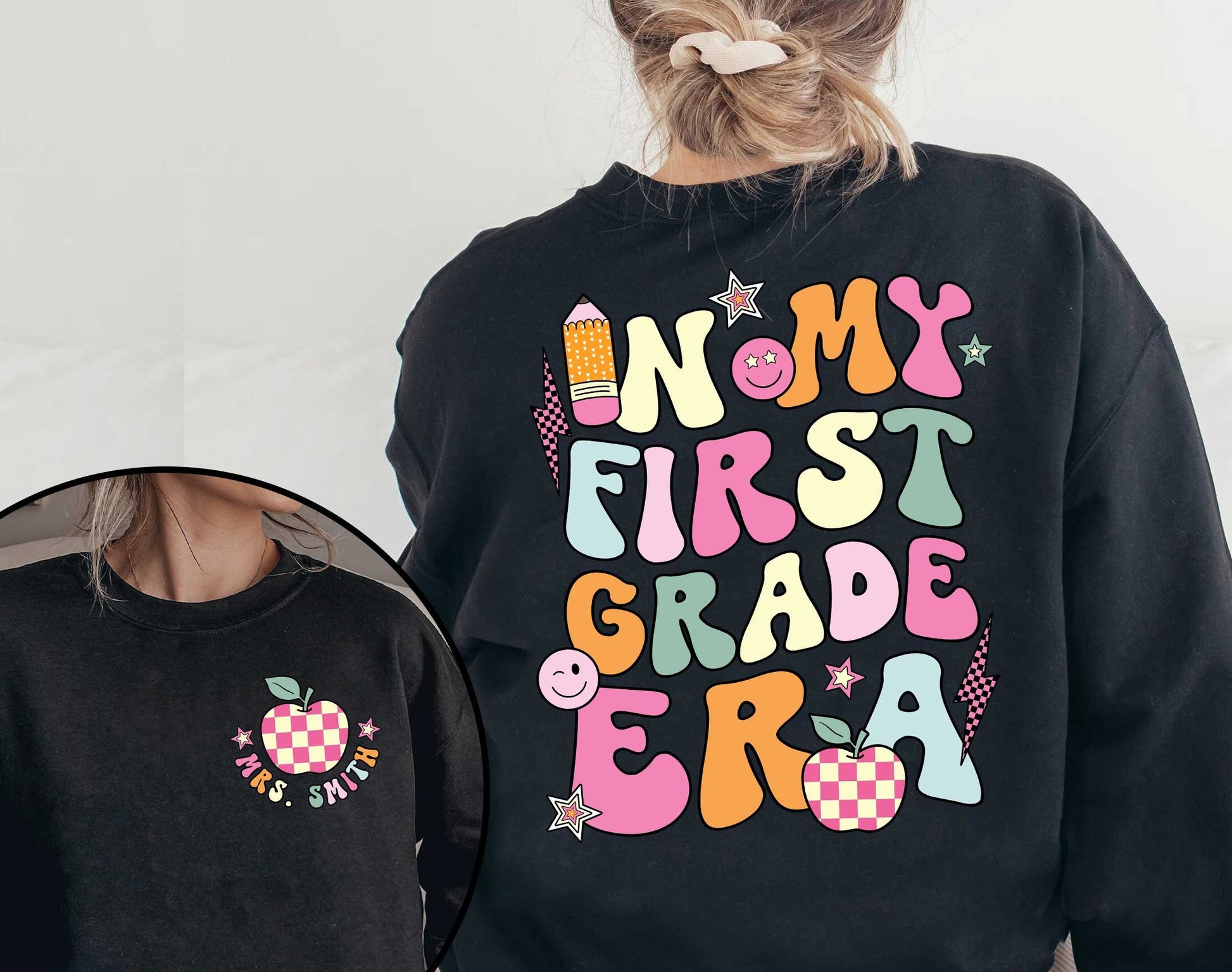 A playful graphic featuring In my first grade era written in large colorful fonts surrounded by whimsical icons like a pencil apple and smiley faces giving it a fun and energetic look