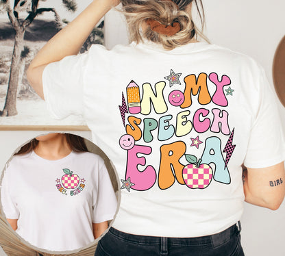 A bright and cheerful graphic featuring the words in my speech era in a mix of colorful, quirky fonts The design includes cute icons like a pencil, apple, and smiley faces, adding a fun and lighthearted touch