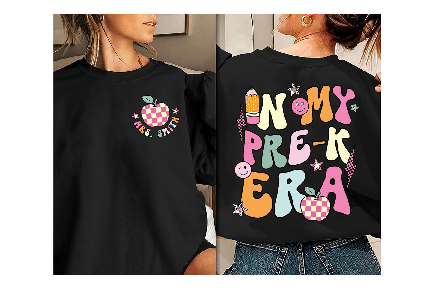 A joyful tribute to pre-kindergarten educators, the image showcases IN MY PREK TEACHER ERA in an array of bright colors and is adorned with delightful illustrations such as a smiling paint palette, an oversized paintbrush