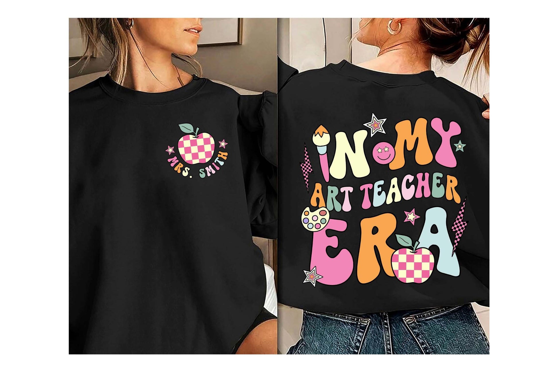 Celebrating the colorful world of art education, this image showcases the phrase IN MY ART TEACHER ERA in a fun, eclectic font, flanked by artistic illustrations like a paintbrush poised for creation, a happy palette, and an apple