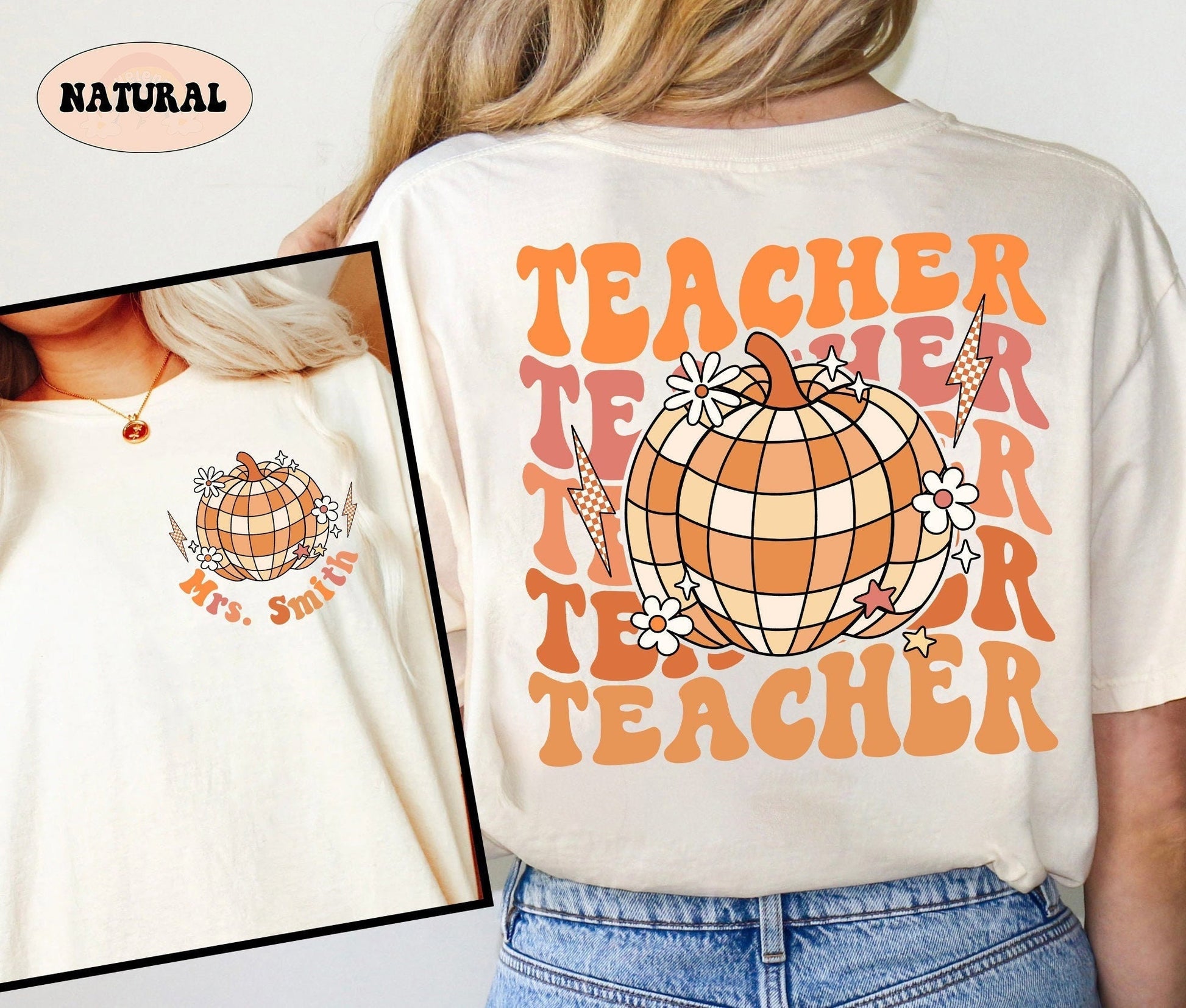 Teacher Shirt, Retro Fall Teacher Shirt, Custom Teacher Name Shirt, Pumpkin Teacher Shirt, Back To School Autumn, Teacher Appreciation Gift