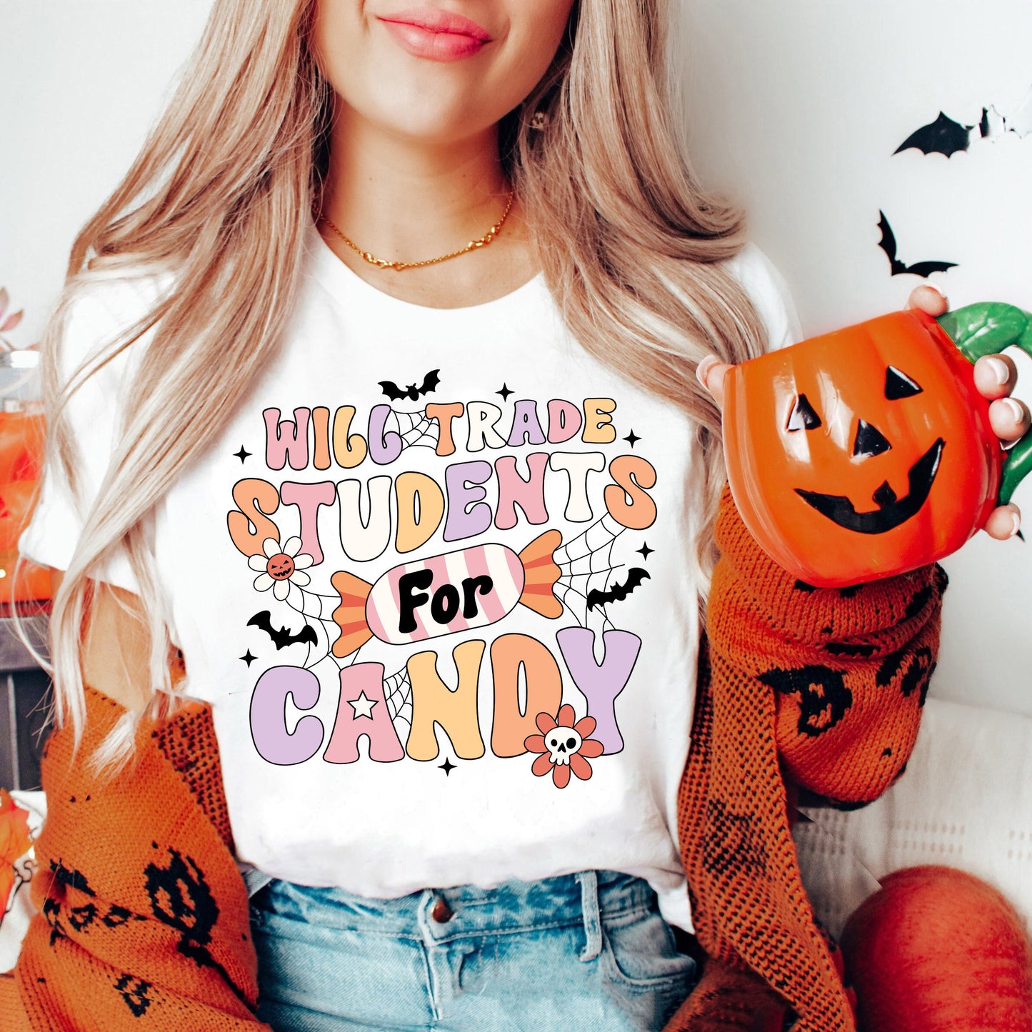 Teacher Halloween Shirt, Will Trade Students For Candy, Spooky Teacher Shirt, Teacher Halloween Gift, Halloween Kindergarten Teacher Shirt