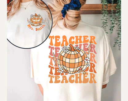 Teacher Shirt, Retro Fall Teacher Shirt, Custom Teacher Name Shirt, Pumpkin Teacher Shirt, Back To School Autumn, Teacher Appreciation Gift