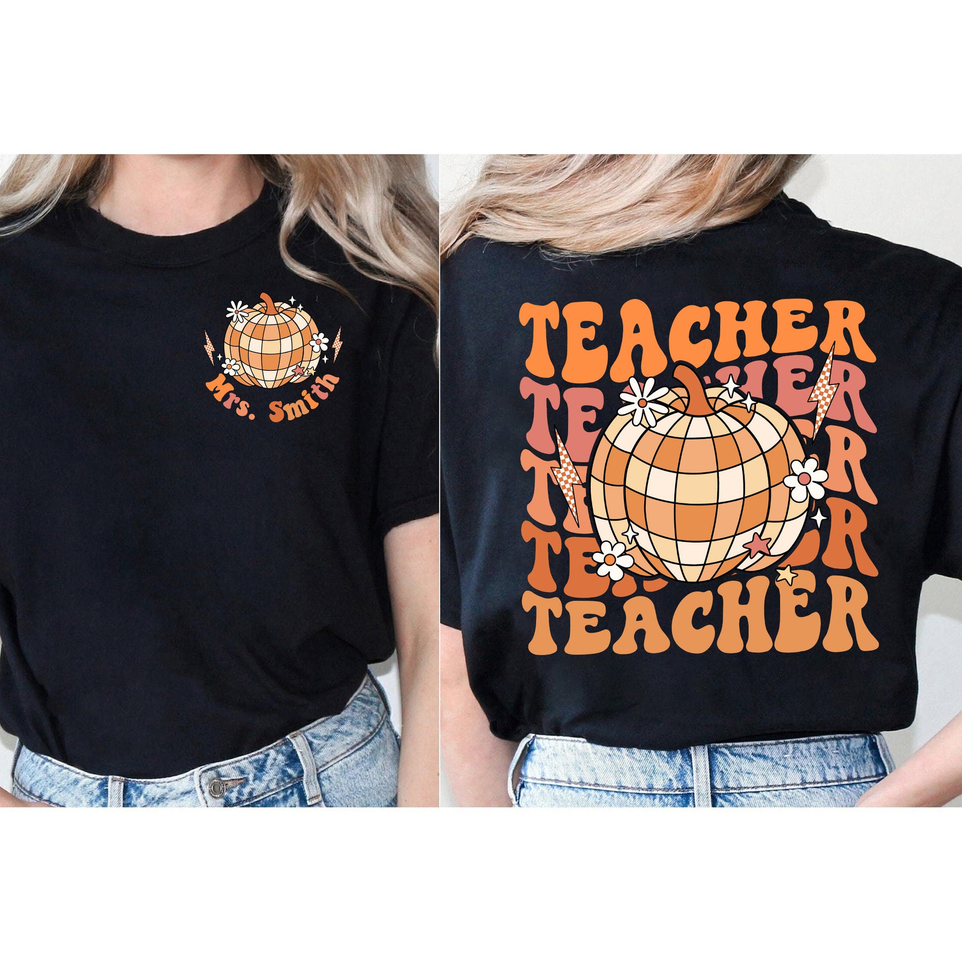 Teacher Shirt, Retro Fall Teacher Shirt, Custom Teacher Name Shirt, Pumpkin Teacher Shirt, Back To School Autumn, Teacher Appreciation Gift