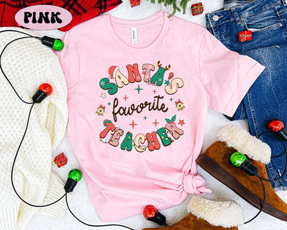 Teacher Christmas Shirt, Santa's Favorite Teacher Shirt, Christmas Teacher Sweatshirt, Christmas Teacher Gift, Kindergarten Teacher Santa