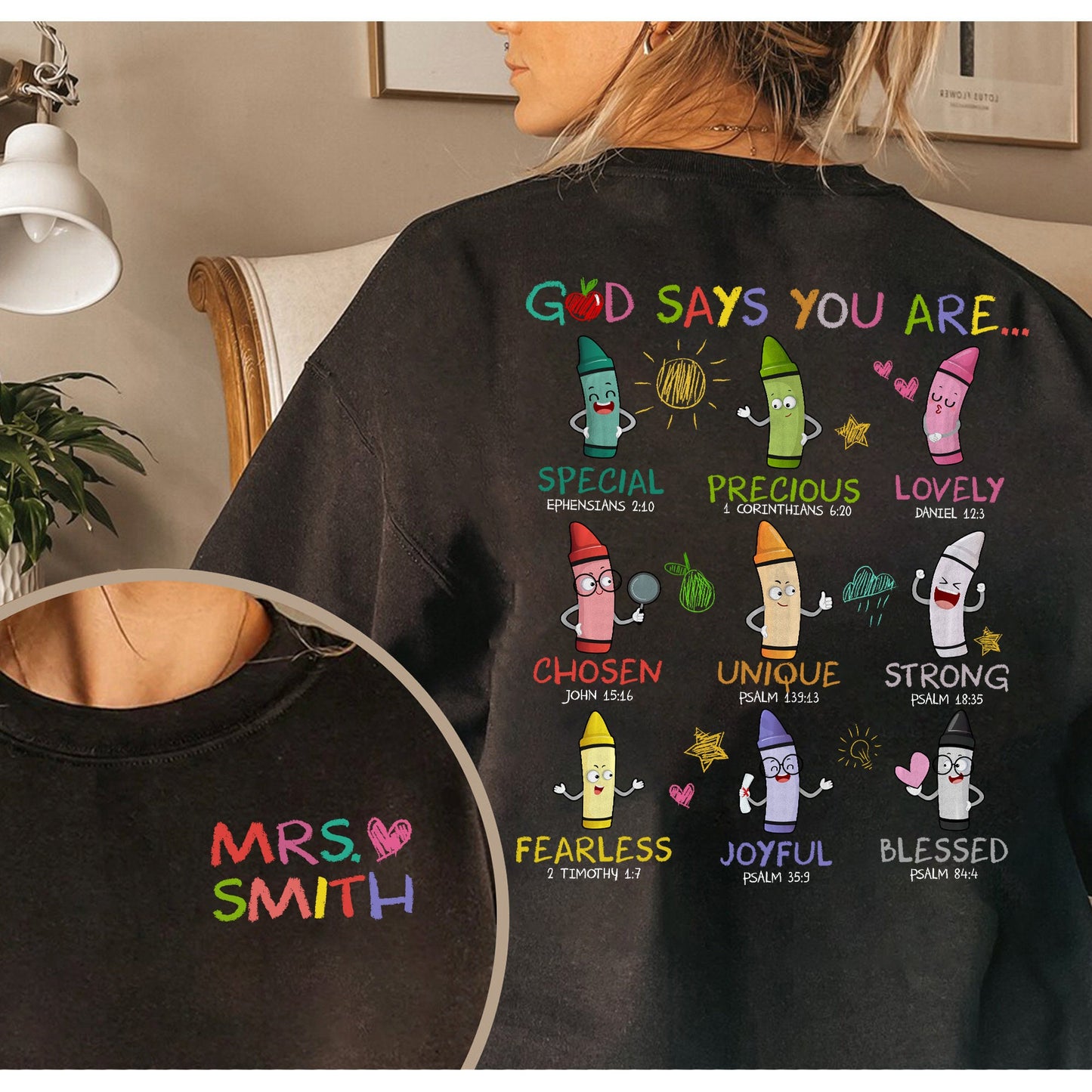 A bright and inspiring graphic with crayons personifying traits such as strong fearless and blessed The design incorporates Bible verses to reinforce the positive affirmations under the phrase God says you are