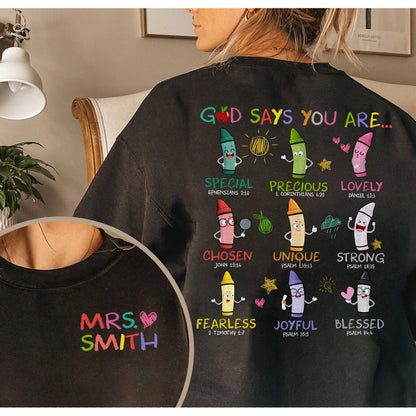 A bright and inspiring graphic with crayons personifying traits such as strong fearless and blessed The design incorporates Bible verses to reinforce the positive affirmations under the phrase God says you are