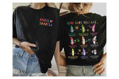 An encouraging graphic with playful crayons illustrating the message God says you are followed by attributes like special precious lovely and more Each attribute is paired with a Bible verse creating a positive and faith-filled design