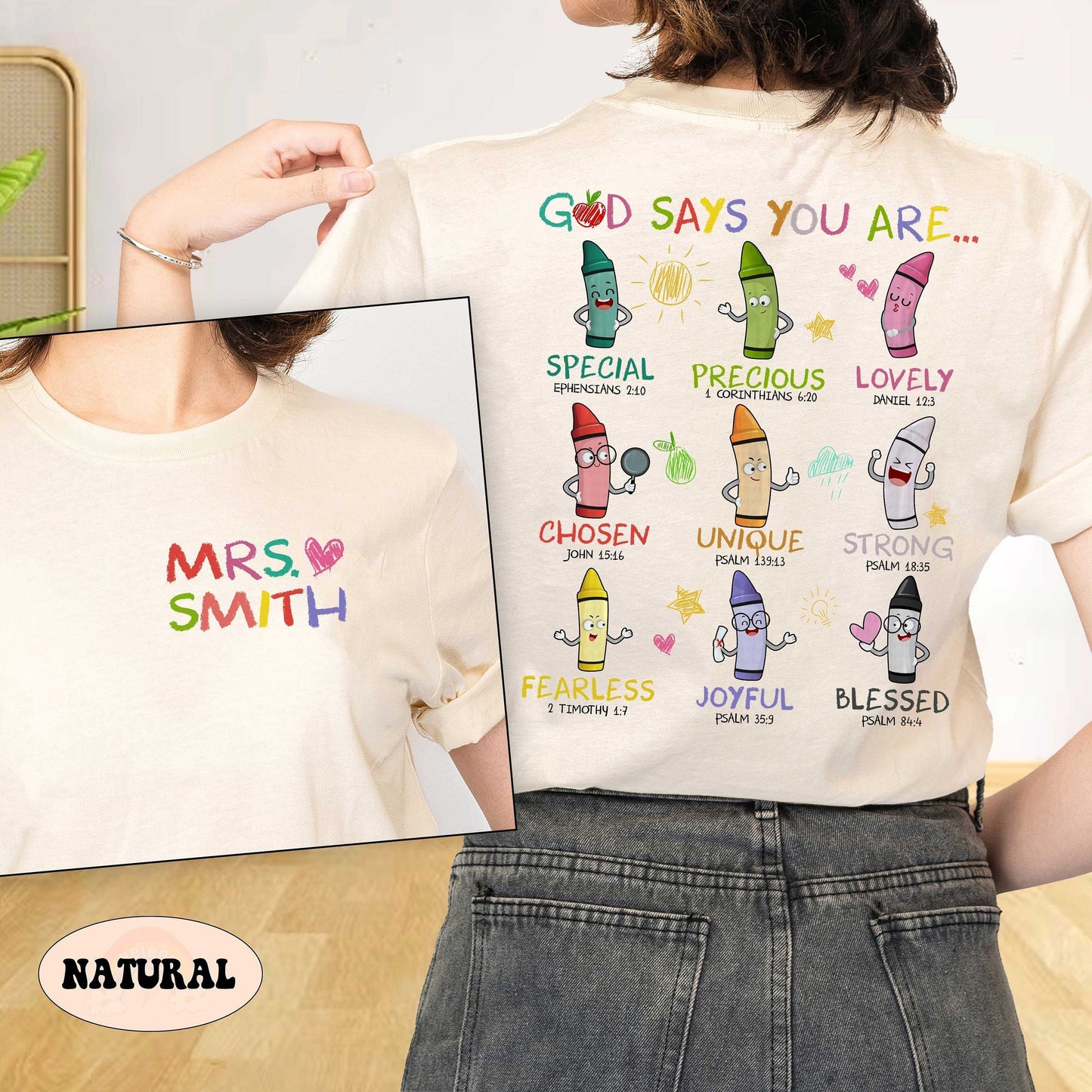 A colorful and uplifting design featuring crayons with different expressions representing positive affirmations from the Bible Each crayon is labeled with words like special precious and lovely along with corresponding Bible verses