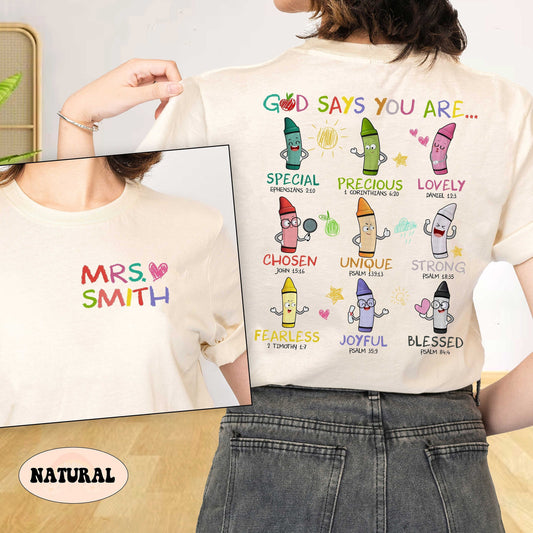 A colorful and uplifting design featuring crayons with different expressions representing positive affirmations from the Bible Each crayon is labeled with words like special precious and lovely along with corresponding Bible verses