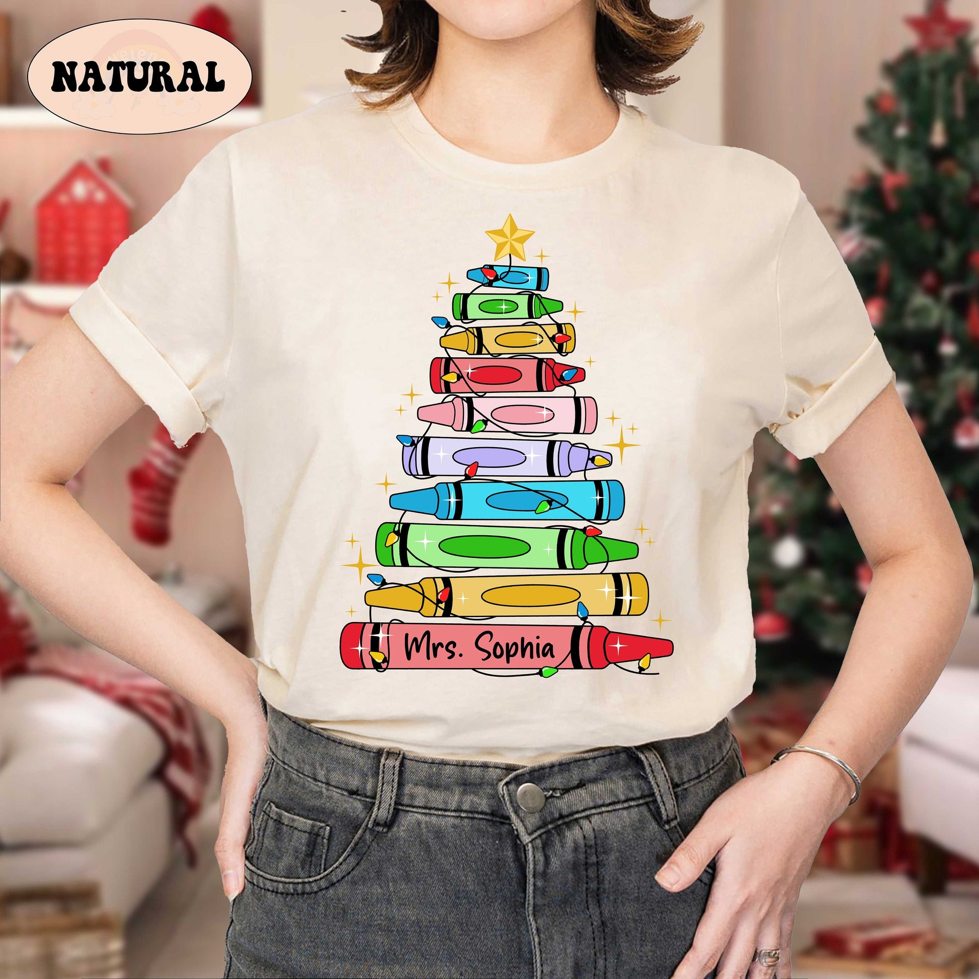 Personalized Christmas Teacher Shirt, Teacher Crayon Christmas Tree Shirt, Retro Cute Teacher Christmas Sweatshirt, Teacher Christmas Gift