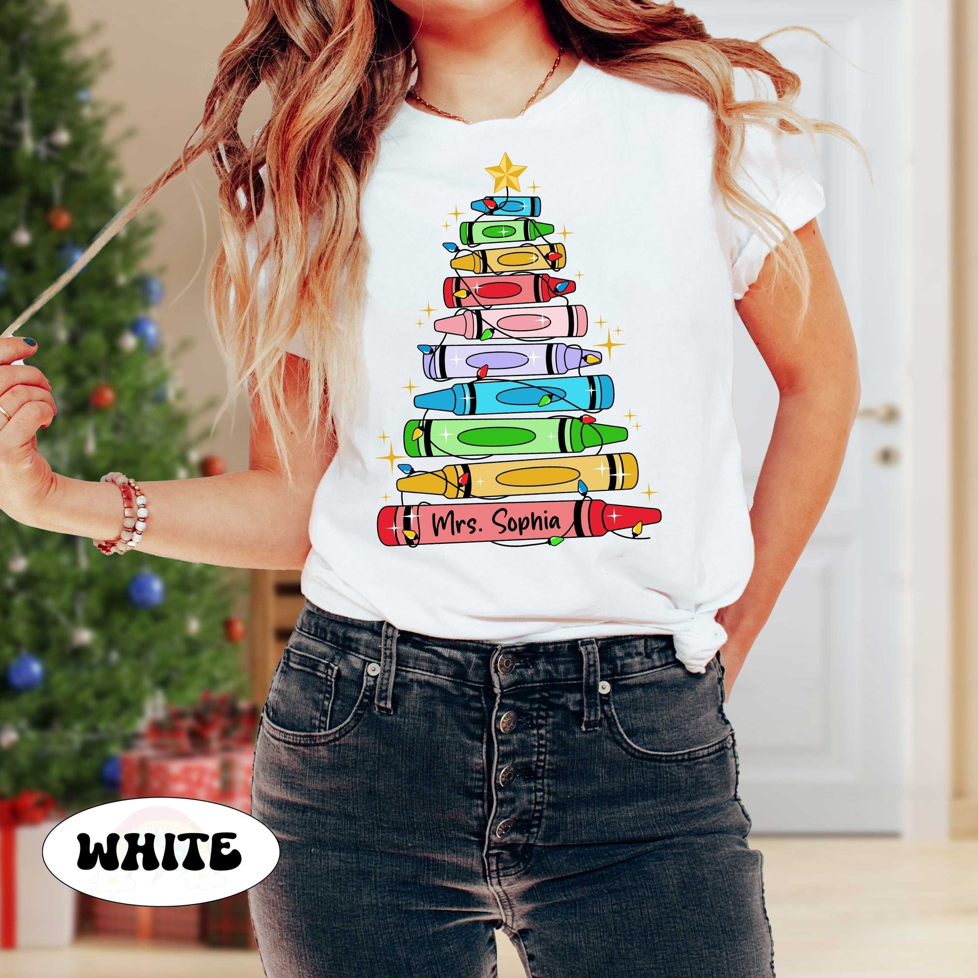 Personalized Christmas Teacher Shirt, Teacher Crayon Christmas Tree Shirt, Retro Cute Teacher Christmas Sweatshirt, Teacher Christmas Gift