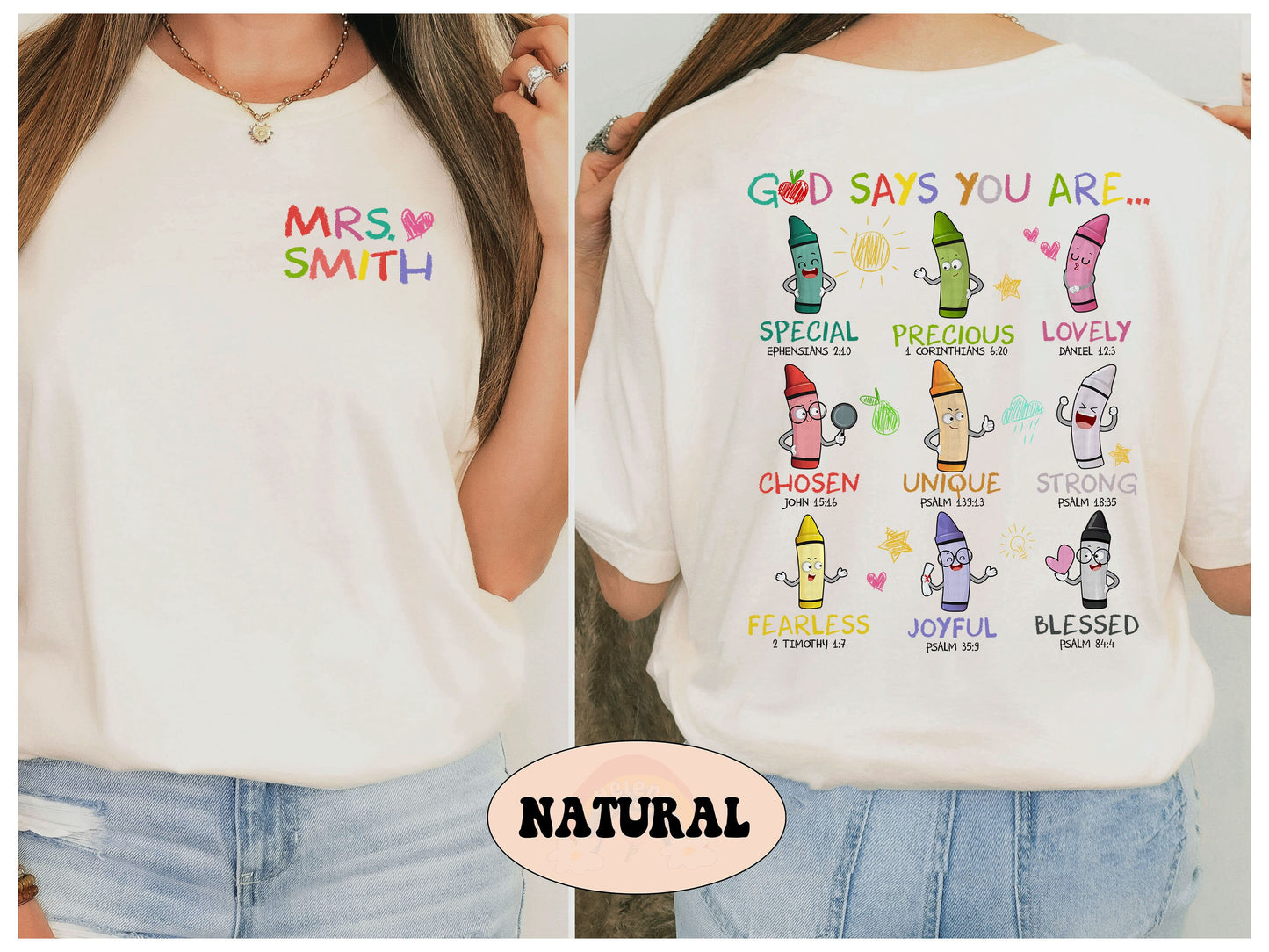 A fun and motivating design featuring crayons in various colors and expressions highlighting qualities like unique strong and joyful Each quality is backed by a specific Bible verse under the overarching message God says you are