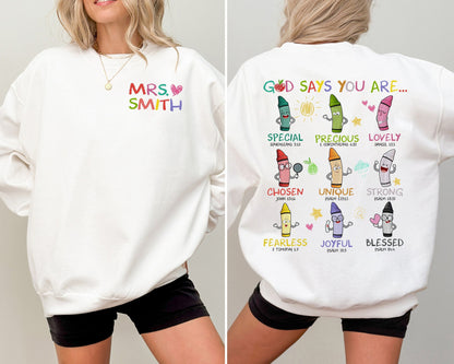 A cheerful design showcasing crayons with unique personalities representing qualities like special chosen and joyful The message God says you are is emphasized with corresponding Bible verses for each attribute