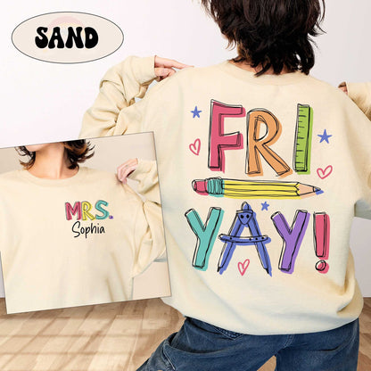 Celebratory and informal, the phrase &quot;FRI YAY&quot; stands out in uneven, colorful letters, complemented by simple line drawings of a pencil, hearts, stars, and a compass, all giving off a cheerful vibe.