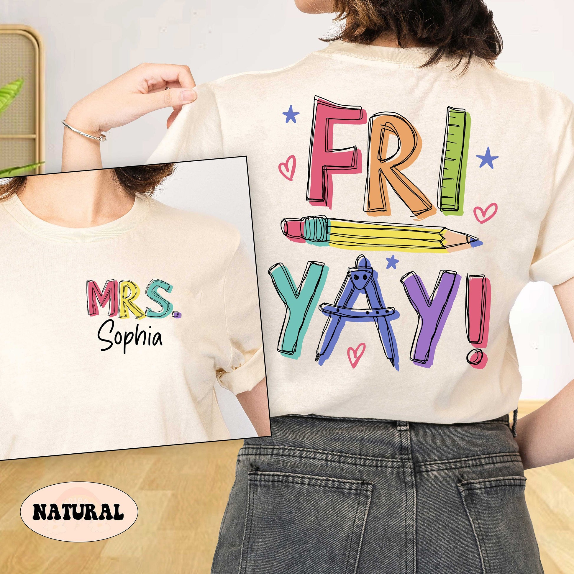 A vibrant and playful design showcases the celebratory exclamation &quot;FRI YAY&quot; in a sketched style, with each letter colored differently and embellished with classroom-inspired doodles like a pencil and geometric compass.