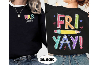 The words &quot;FRI YAY&quot; are depicted in hand-drawn, multi-colored block letters, accompanied by doodles of stars, hearts, a yellow pencil, and a compass, all set against a black background.