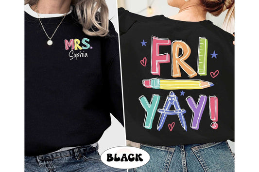 The words &quot;FRI YAY&quot; are depicted in hand-drawn, multi-colored block letters, accompanied by doodles of stars, hearts, a yellow pencil, and a compass, all set against a black background.