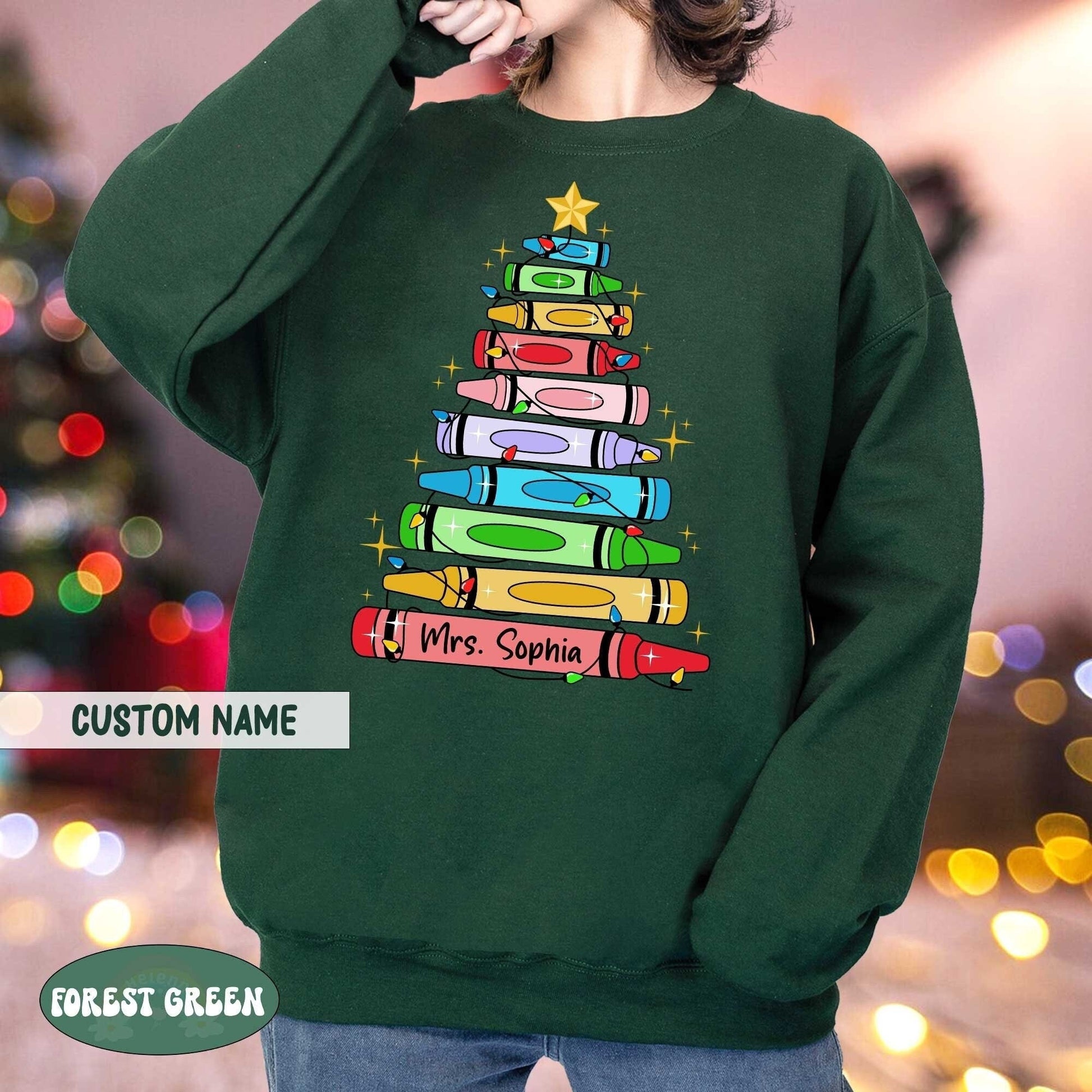 Personalized Christmas Teacher Shirt, Teacher Crayon Christmas Tree Shirt, Retro Cute Teacher Christmas Sweatshirt, Teacher Christmas Gift