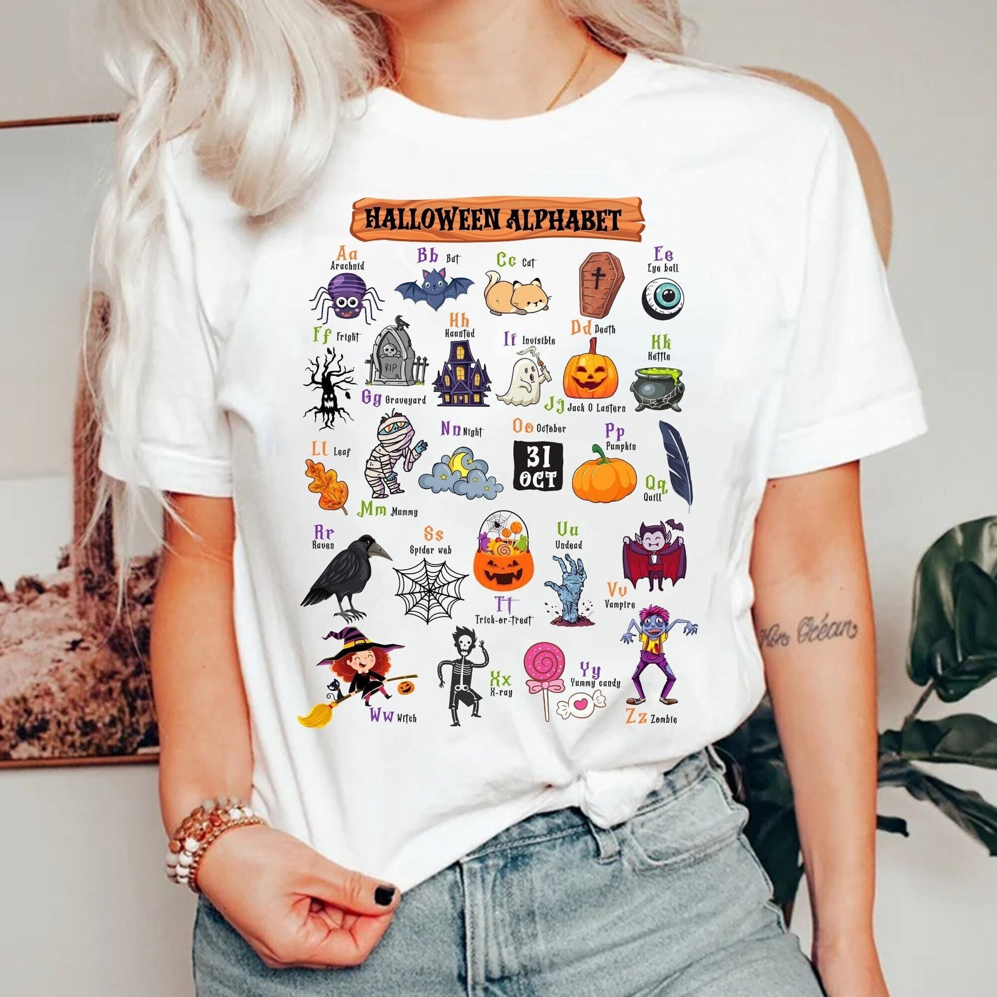 Teacher Halloween Shirt Halloween Alphabet, Trick Or Teach Spooky Teacher Shirt, Halloween ABC, Kindergarten Teacher, Teacher Halloween Gift