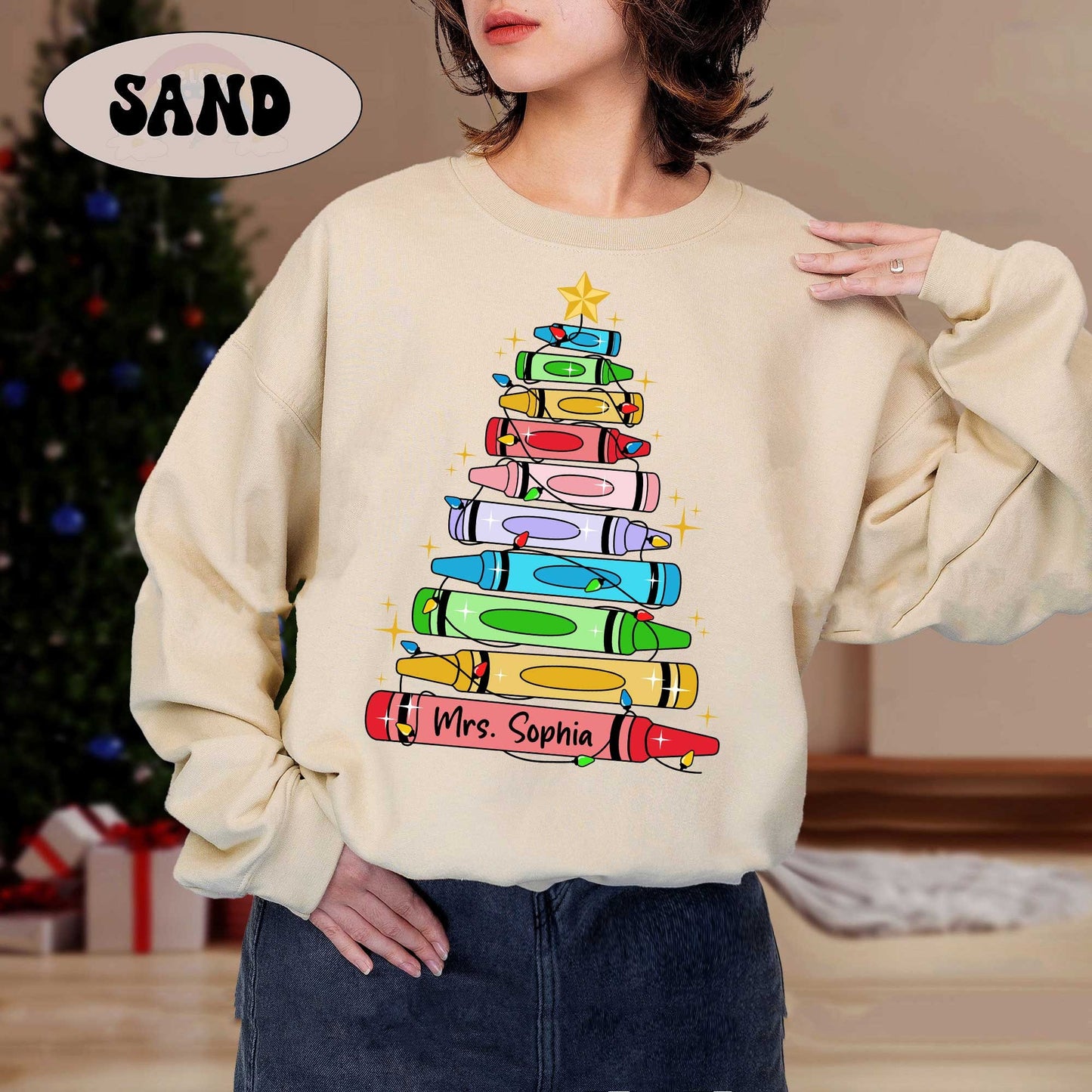 Personalized Christmas Teacher Shirt, Teacher Crayon Christmas Tree Shirt, Retro Cute Teacher Christmas Sweatshirt, Teacher Christmas Gift