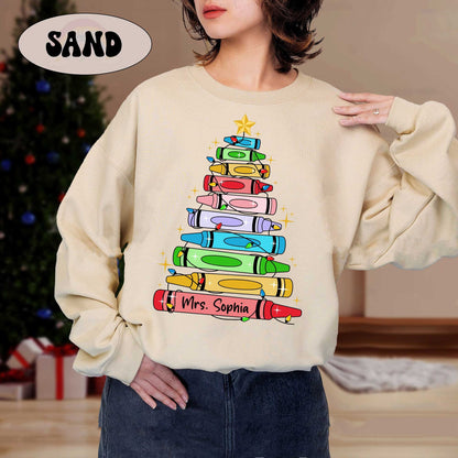 Personalized Christmas Teacher Shirt, Teacher Crayon Christmas Tree Shirt, Retro Cute Teacher Christmas Sweatshirt, Teacher Christmas Gift