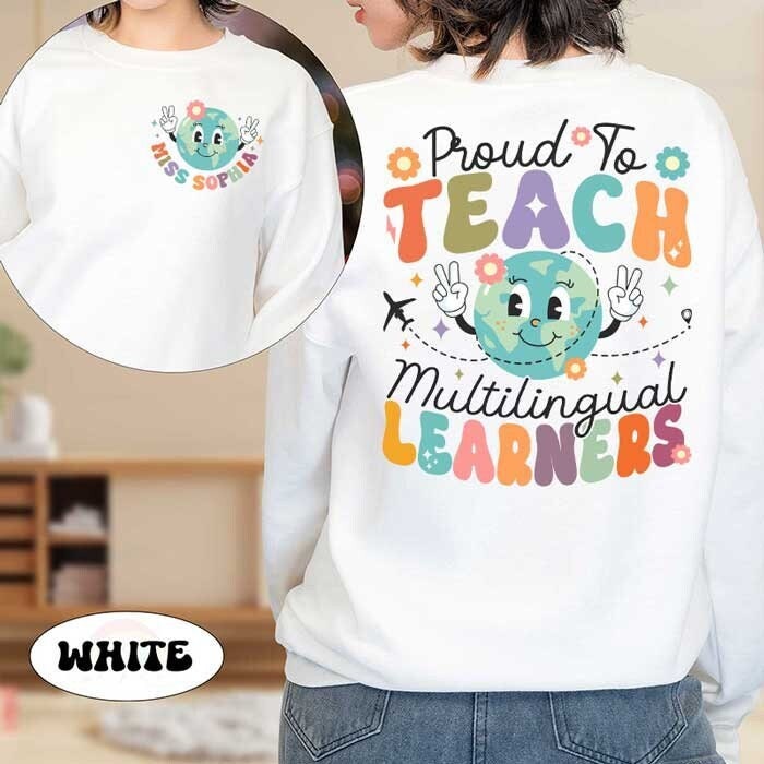 A fun and colorful design showcasing Proud to teach multilingual learners with a globe character flashing peace signs The design is enhanced with decorative flowers and a small airplane adding a whimsical touch