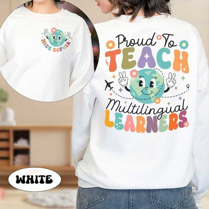 A fun and colorful design showcasing Proud to teach multilingual learners with a globe character flashing peace signs The design is enhanced with decorative flowers and a small airplane adding a whimsical touch