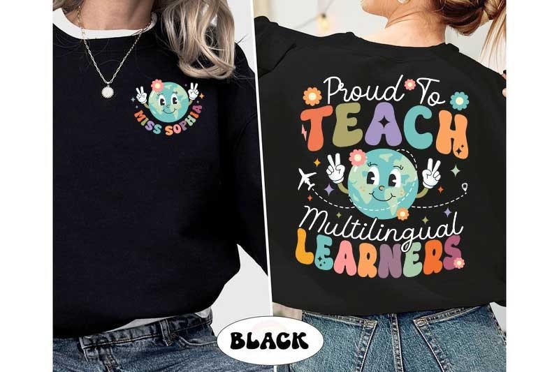 A vibrant design featuring the phrase Proud to teach multilingual learners with a colorful globe character making peace signs The design is accented with playful elements like flowers and a small airplane