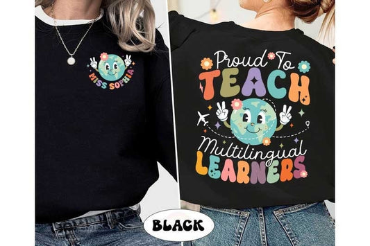 A vibrant design featuring the phrase Proud to teach multilingual learners with a colorful globe character making peace signs The design is accented with playful elements like flowers and a small airplane