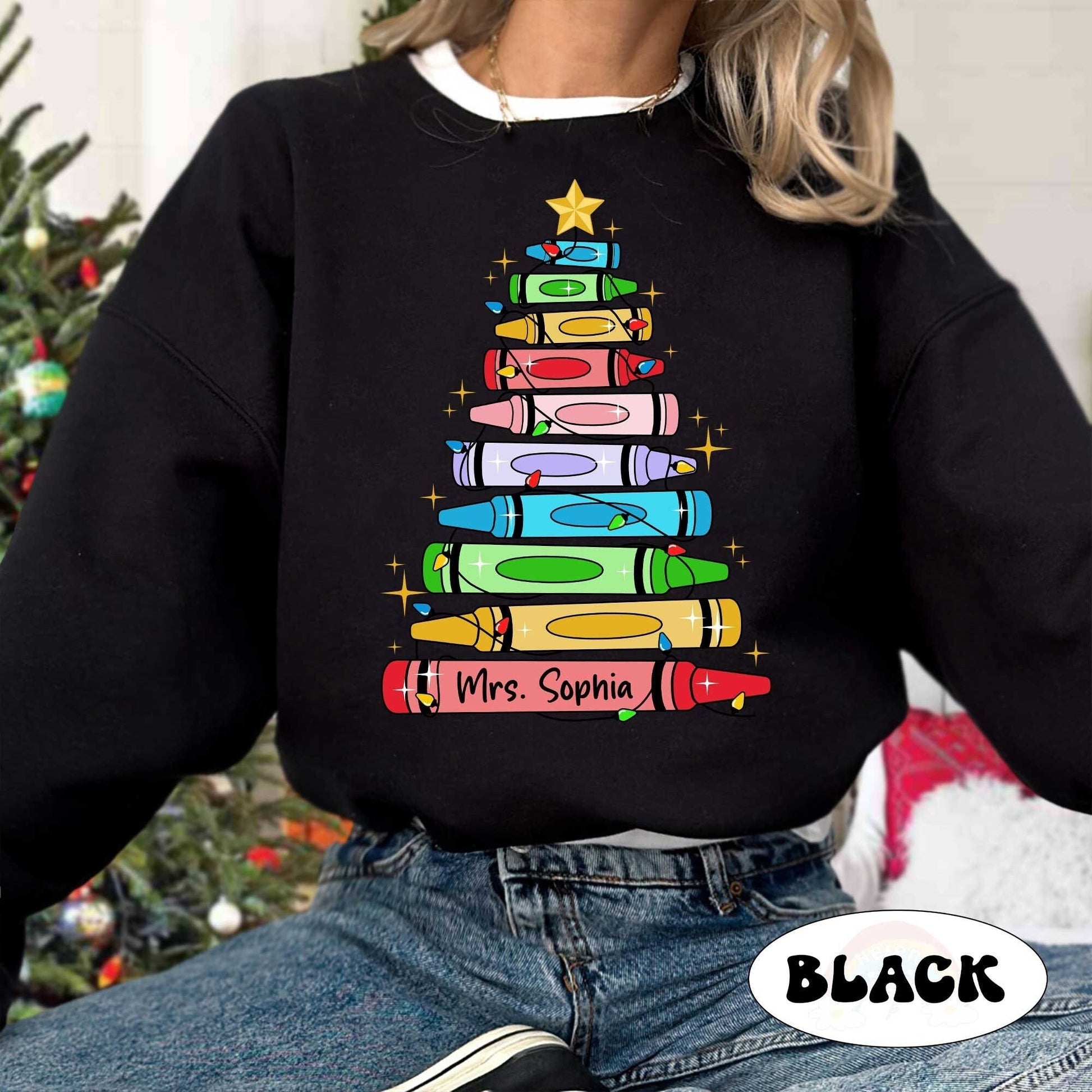 Personalized Christmas Teacher Shirt, Teacher Crayon Christmas Tree Shirt, Retro Cute Teacher Christmas Sweatshirt, Teacher Christmas Gift