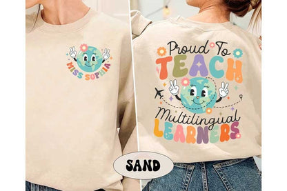 A lively design featuring Proud to teach multilingual learners in vibrant fonts with a globe character smiling and making peace signs The design includes playful details like flowers and a plane for a cheerful feel