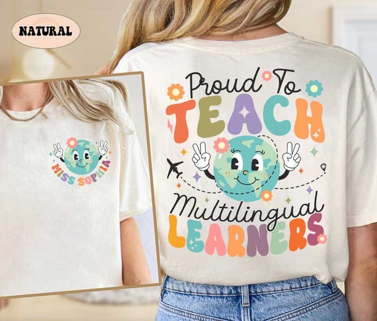 A cheerful graphic displaying Proud to teach multilingual learners in bold colorful letters The design includes a smiling globe character and playful accents like flowers and a plane creating a lively and positive vibe