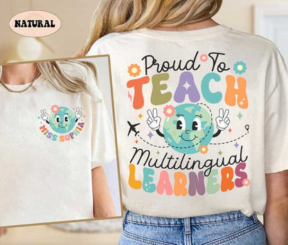 A cheerful graphic displaying Proud to teach multilingual learners in bold colorful letters The design includes a smiling globe character and playful accents like flowers and a plane creating a lively and positive vibe